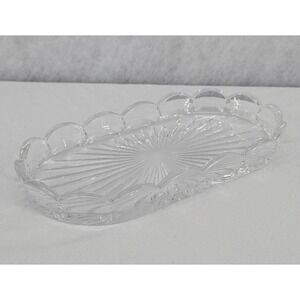 Vintage Clear Pressed Glass Oval Serving Tray Starburst Pattern Scalloped Edge